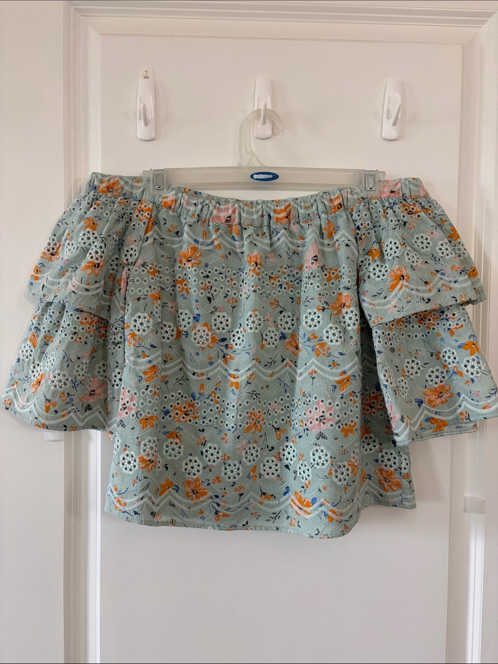 Light sea foam Blue Floral Off-Shoulder blouse